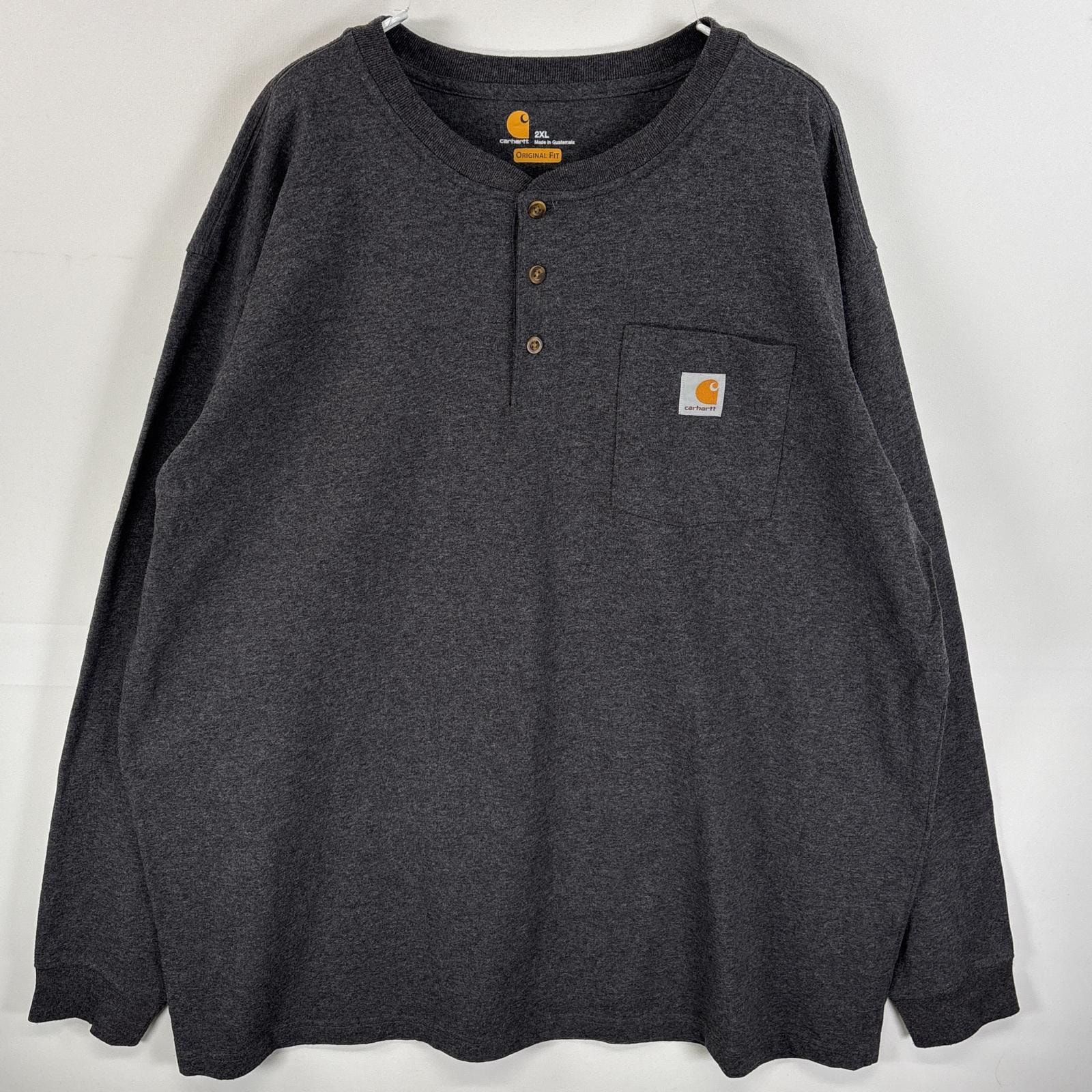 古着 カーハート Carhartt 長袖Tシャツ ワンポイント ロゴ ヘンリーネック 混色生地 2XL  ブラック系 無地 メンズ
