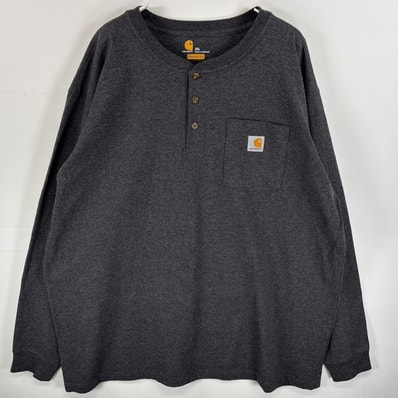 古着 カーハート Carhartt 長袖Tシャツ ワンポイント ロゴ ヘンリーネック 混色生地 2XL ブラック系 無地 メンズ