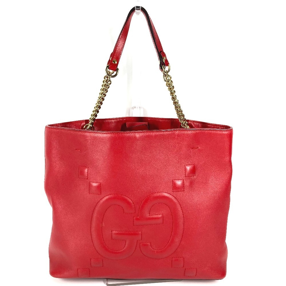 グッチ GUCCI インターロッキングG チェーン トートバッグ 453561 カバン 肩掛け Wチェーン ショルダーバッグ レザー レッド
