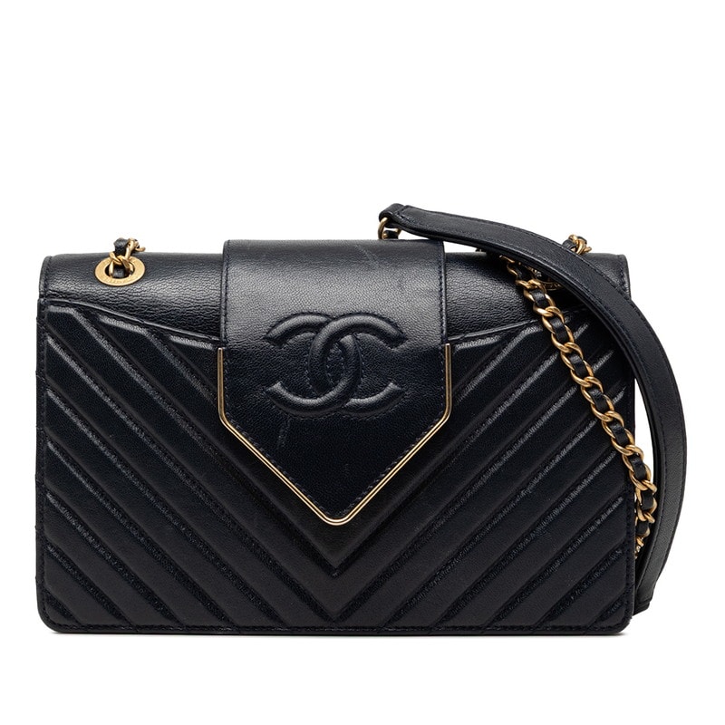 シャネル シェブロン Vステッチ ココマーク チェーン ショルダーバッグ ネイビー ゴールド レザー レディース CHANEL 【中古】