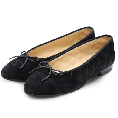 【美品】CHANEL シャネル キルティング パンプス サイズ 39Cレディース マトラッセ バレエシューズ ヌバックレザー ロゴ刺繍 シューズ 靴 ブラック 黒 イタリア製