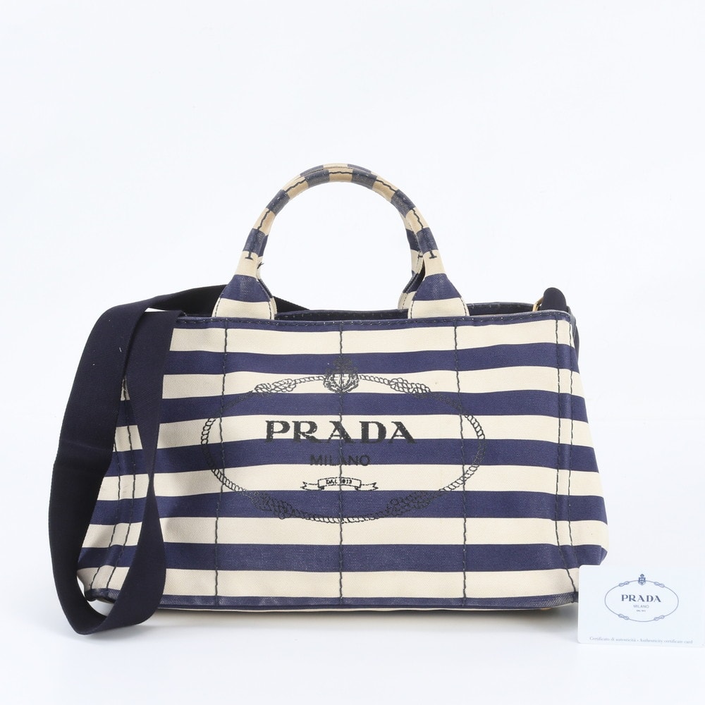 ■美品 プラダカナパ ボーダー B2642B トート バッグ