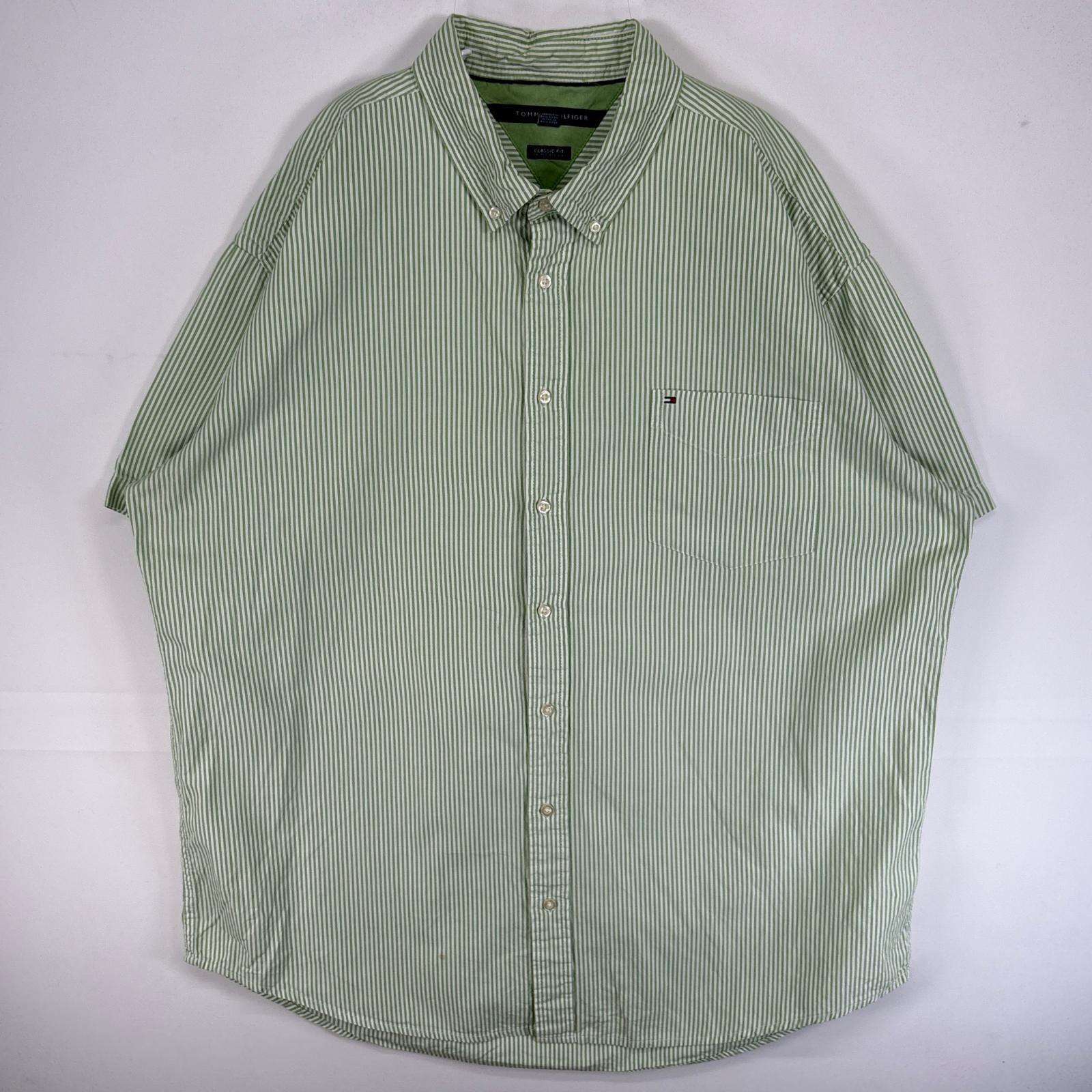 古着 トミーヒルフィガー TOMMY HILFIGER 半袖シャツ ロゴ 刺繍 ボタンダウン 胸ポケ 大きいサイズ 14041 グリーン系 ストライプ メンズ