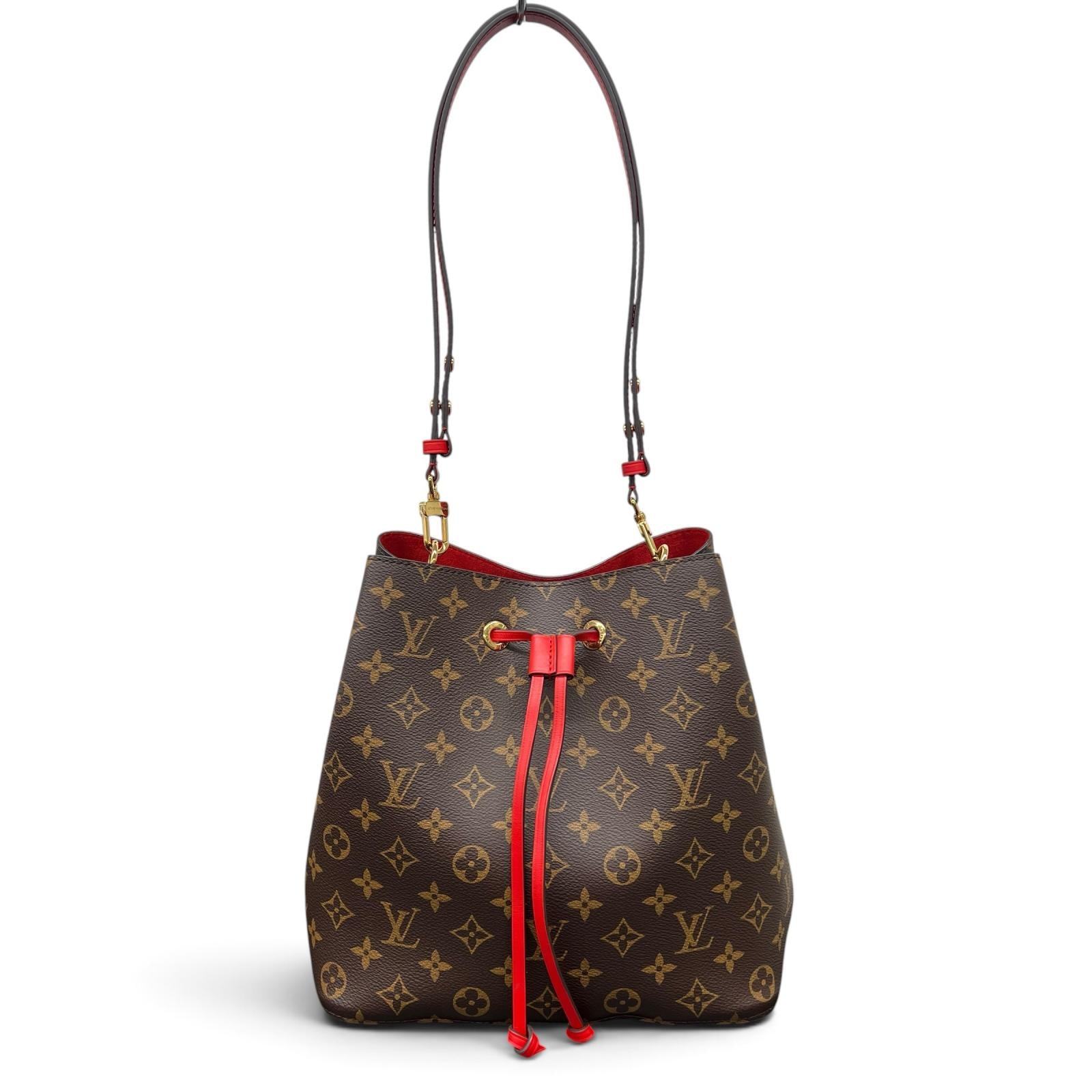 LOUIS VUITTON 極美品 ルイヴィトン ネオノエMM モノグラム ショルダーバッグ M44021 PVC レザー MI3210 RFID確認済 ブラウン レッド バケット ヴィトン LV Aランク 中古 鑑定済 ヴィトンバッグ