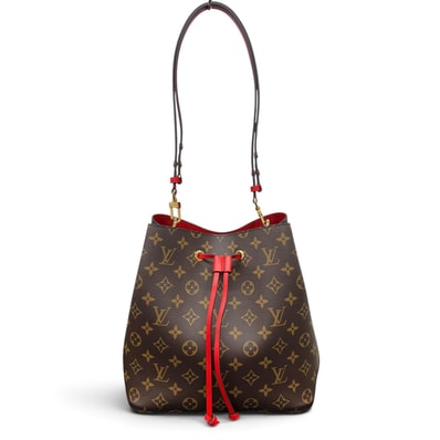 LOUIS VUITTON 極美品 ルイヴィトン ネオノエMM モノグラム ショルダーバッグ M44021 PVC レザー MI3210 RFID確認済 ブラウン レッド バケット ヴィトン LV Aランク 中古 鑑定済 ヴィトンバッグ