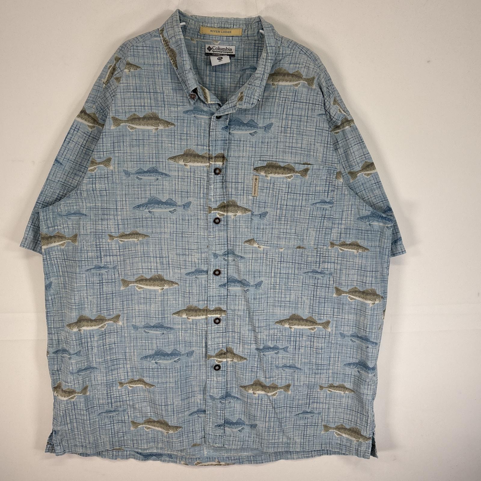 古着 コロンビア Columbia 半袖シャツ 大きいサイズ 魚柄 ワンポイント ロゴ 14041  水色 総柄 メンズ