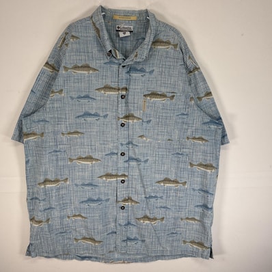 古着 コロンビア Columbia 半袖シャツ 大きいサイズ 魚柄 ワンポイント ロゴ 14041 水色 総柄 メンズ