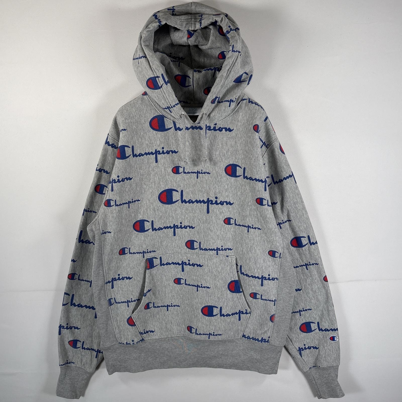 古着 チャンピオン Champion パーカー リバースウィーブ マフポケット フーディー フード紐 LARGE(JPN 2XL)  グレー 総柄 メンズ