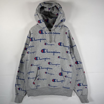 古着 チャンピオン Champion パーカー リバースウィーブ マフポケット フーディー フード紐 LARGE(JPN 2XL) グレー 総柄 メンズ