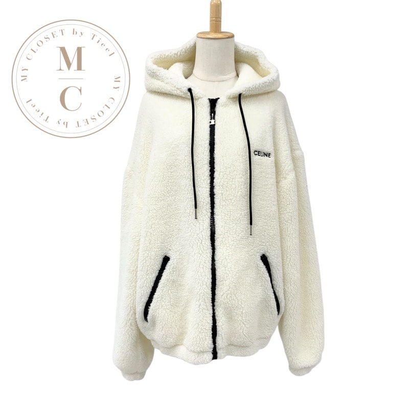 セリーヌ CELINE アウター アクリル ホワイト 白 トリオンフ ルーズフード フリースジャケット ジップアップ メンズ