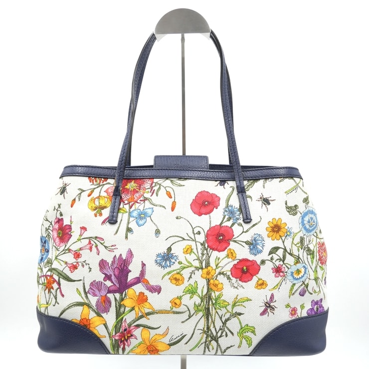 GUCCI(グッチ)フローラ 日本上陸50周年記念 限定 トートバッグ フラワー 花柄 キャンバス ネイビー レザー レディース 358470【中古】