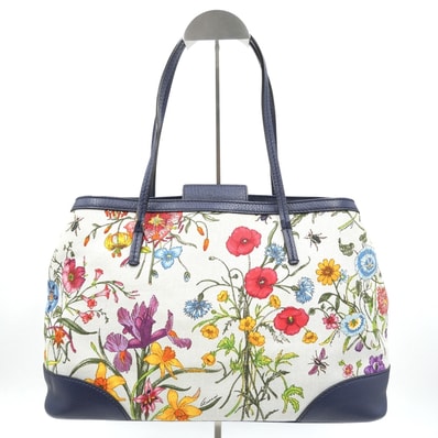 GUCCI(グッチ)フローラ 日本上陸50周年記念 限定 トートバッグ フラワー 花柄 キャンバス ネイビー レザー レディース 358470【中古】