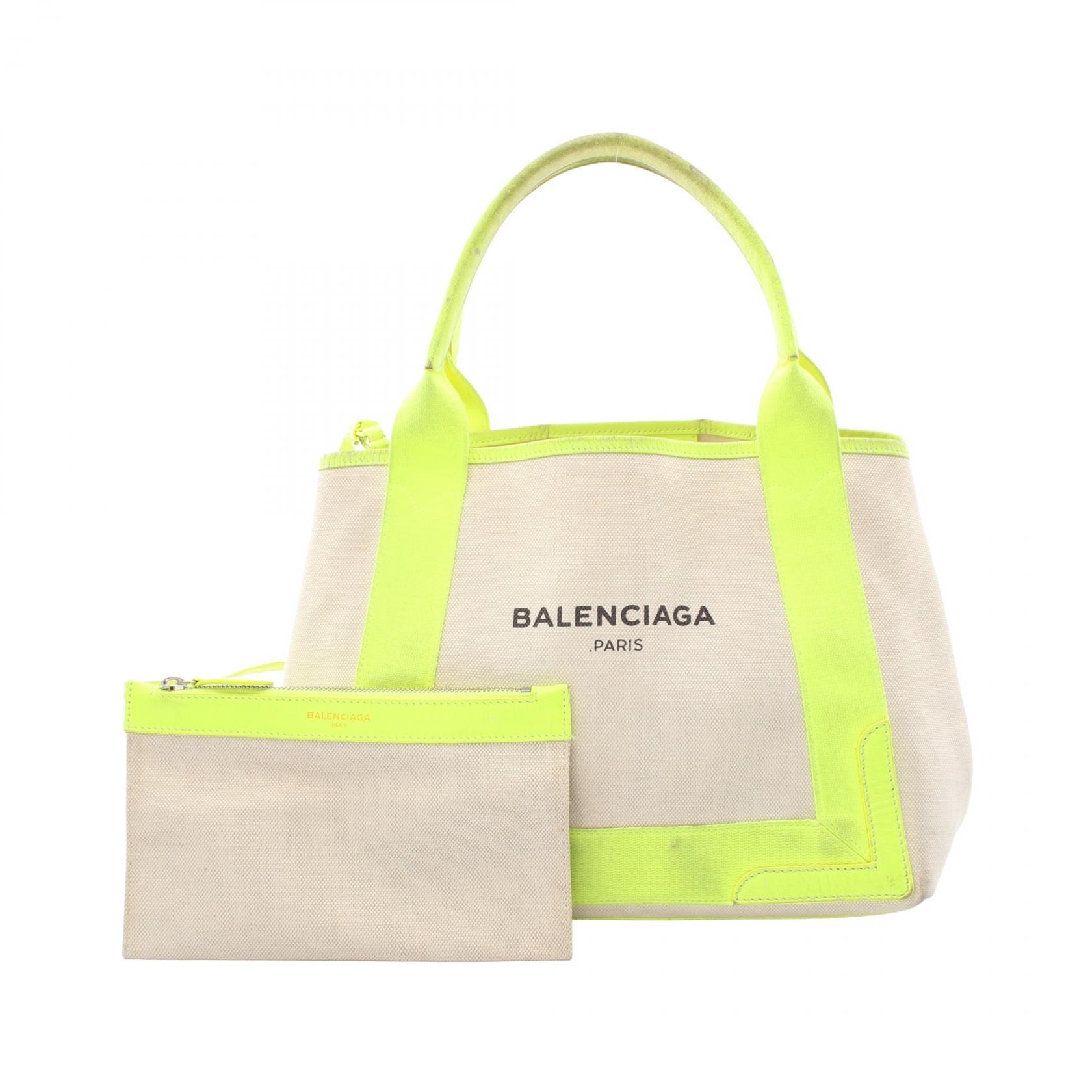 バレンシアガ BALENCIAGA NAVY CABAS S ネイビーカバ トートバッグ バッグ キャンバス レザー レディース ホワイト系 / イエロー系 339933 【中古】