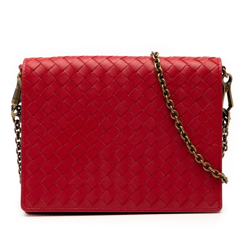 ボッテガヴェネタ イントレチャート チェーン ショルダーバッグ ウォレットバッグ レッド レザー レディース BOTTEGAVENETA 【中古】