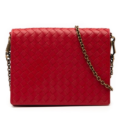 ボッテガヴェネタ イントレチャート チェーン ショルダーバッグ ウォレットバッグ レッド レザー レディース BOTTEGAVENETA 【中古】