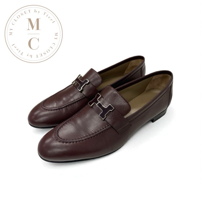 エルメス HERMES パリ ローファー 革靴 靴 シューズ レザー バーガンディ H金具 モカシン