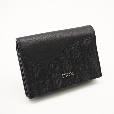美品 Dior ディオール ディオール オブリーク ジャカード グレインドカーフスキン マーケトリー Saddle ビジネスカードホルダー 2ADCH166YKS カードケース ブラック グレー キャンバス レザー メンズ
