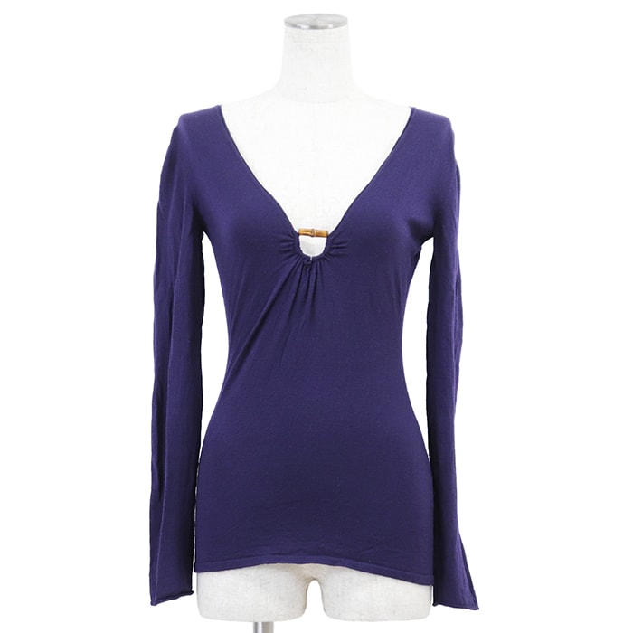 【SALE】GUCCI グッチ ニットカットソー サイズ M レディース ハイゲージ Vネック バンブーモチーフ ストレッチ プルオーバー ロングスリーブ 長袖 トップス パープル 紫 イタリア製