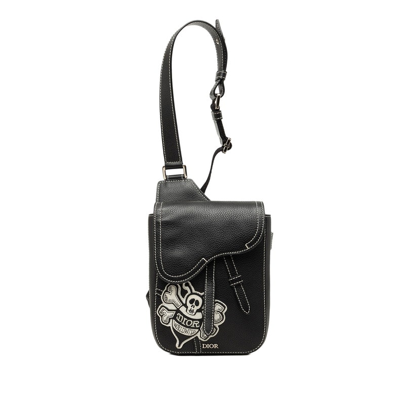 ディオール × Shawn Stussy ショーン ステューシー サドル 斜め掛け ショルダーバッグ ブラック レザー レディース Dior 【中古】