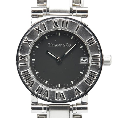 ティファニー アトラス 腕時計 クオーツ ブラック文字盤 ステンレススチール レディース TIFFANY&Co. 【中古】