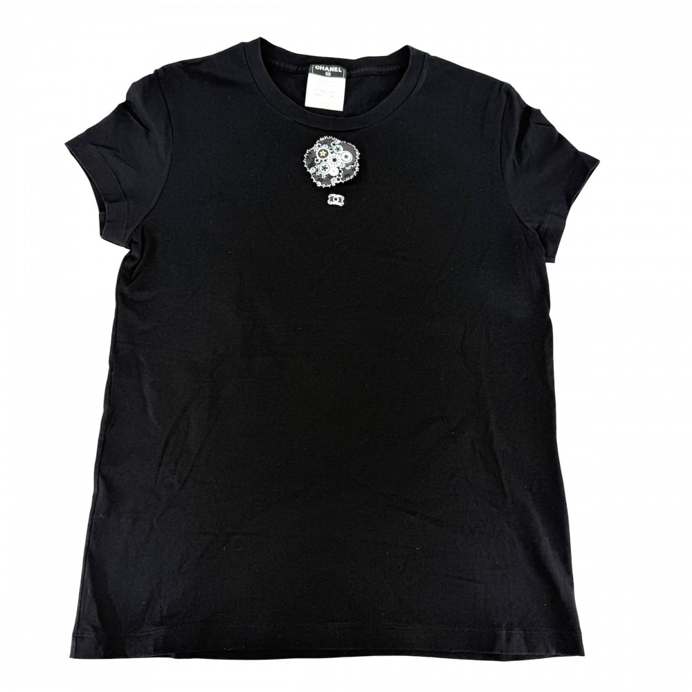 CHANEL シャネル 半袖Tシャツ ココマーク コサージュ付き アパレル 服 トップス 38 ブラック 黒 コットン    レディース 夏【中古品】
