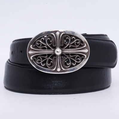 Chrome Hearts Classic Oval Cross Buckle Plane Black Leather 1.5 Horseshoe Rivet Belt Set "Black"