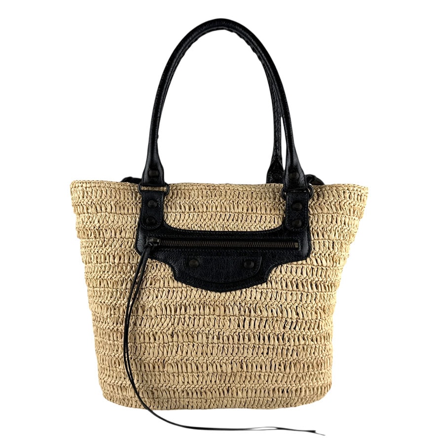 バレンシアガ BALENCIAGA ショルダーバッグ シティ バスケットバッグ ラフィア/レザー ブラック×ナチュラル レディース 828888【中古】 z7401