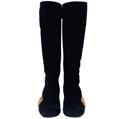 グッチ GUCCI ダブルG ブーツ ロングブーツ 靴 シューズ スエード ブラック 黒 ゴールド GGマーモント フリンジ