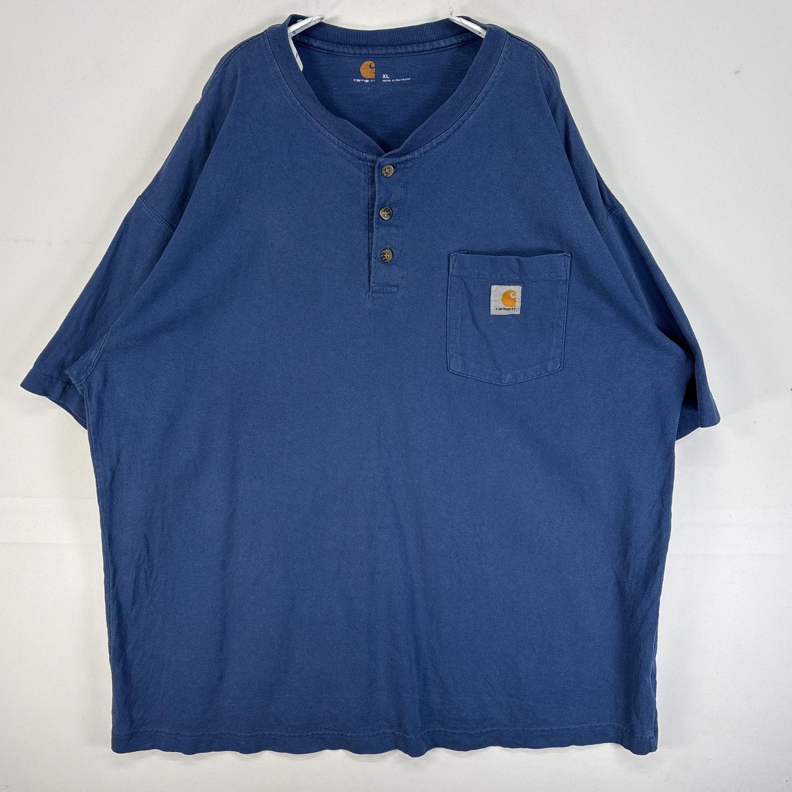 古着 カーハート Carhartt 半袖Tシャツ ワンポイント ロゴ ヘンリーネック 大きいサイズ 肉厚 XL ブルー 無地 メンズ