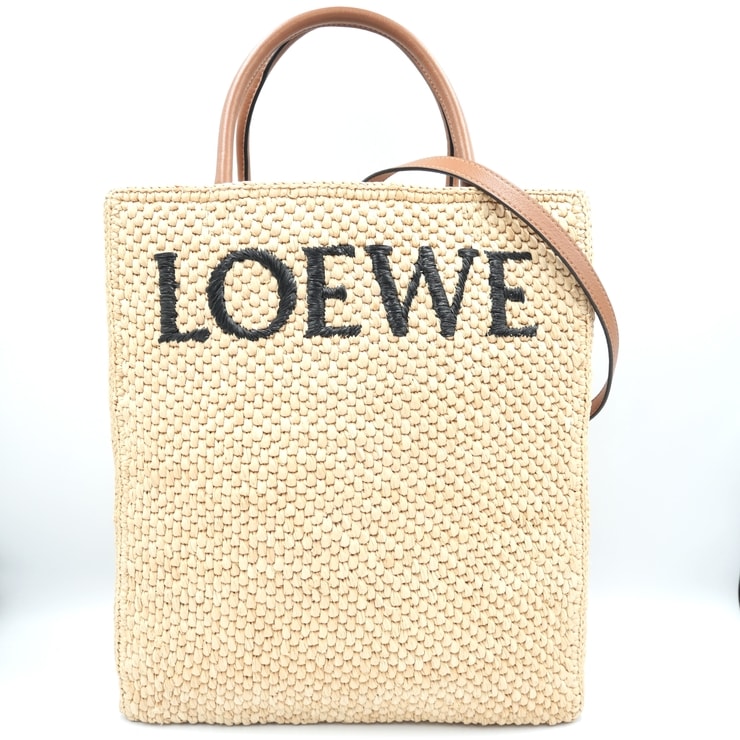 LOEWE(ロエベ)スタンダード ラフィア トートバッグ 2WAY ハンドバッグ ショルダーバッグ ナチュラル ブラウン レザー ロゴ レディース【中古】