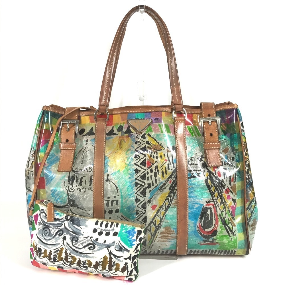 プラダ PRADA 総柄 トライアングルロゴ 三角ロゴ プレート BR2515 ベネチアプリント カバン ショルダーバッグ 肩掛け トートバッグ ビニール/レザー マルチカラー