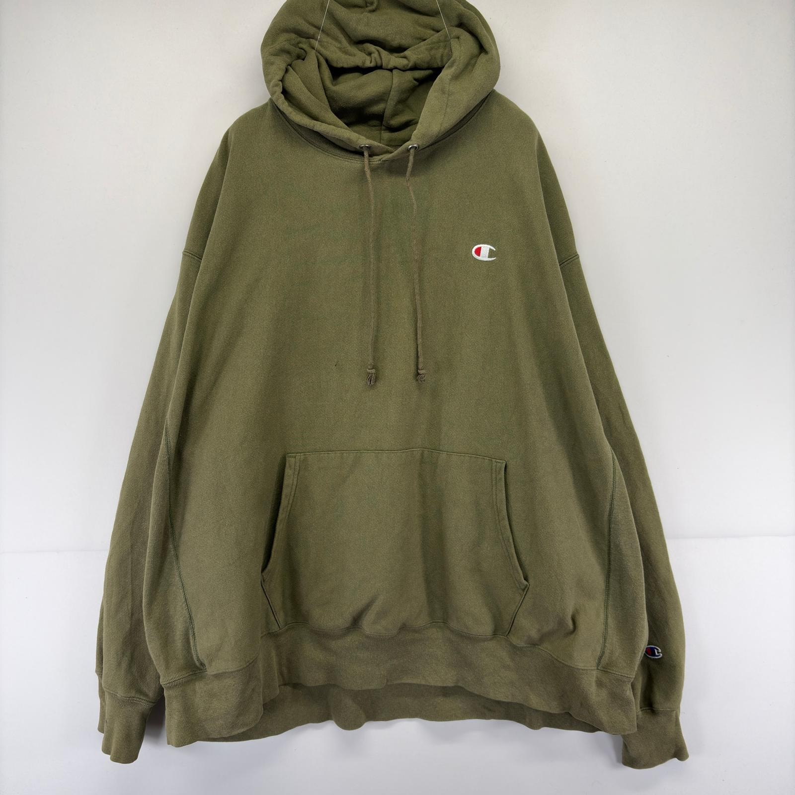 古着 チャンピオン Champion パーカー ワンポイント 大きいサイズ ロゴ スウェット リバースウィーブ 3XL  グリーン系 メンズ