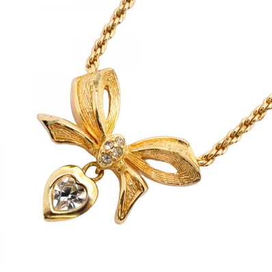 【6jdb0412-k】クリスチャンディオール ネックレス ハートモチーフ リボンモチーフ GPメッキ ラインストーン ゴールド【中古】レディース