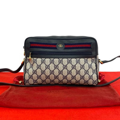 GUCCI グッチ シェリーライン GG 柄 ロゴ 金具 レザー PVC ショルダーバッグ ネイビー
39232