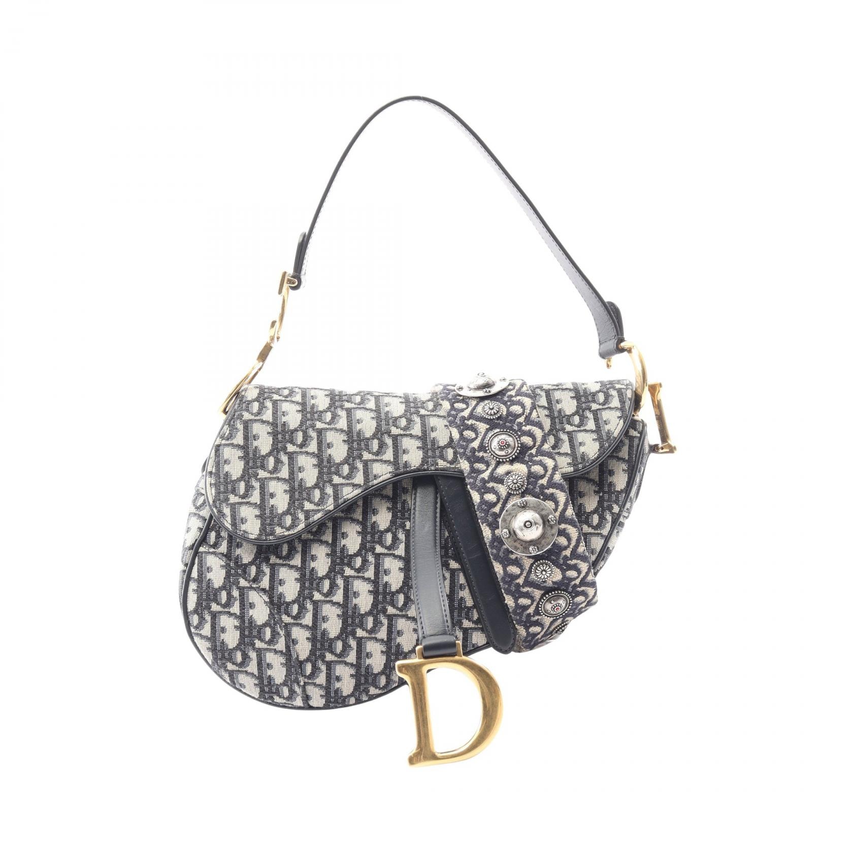 ディオール Dior サドルバッグ オブリークジャカード 2WAY ハンドバッグ バッグ キャンバス レザー レディース ベージュ系 / ネイビー系 【中古】