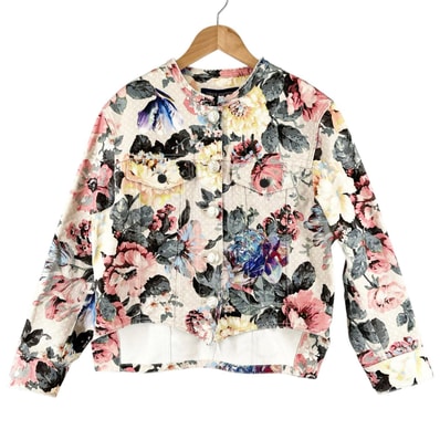 美品 LOUIS VUITTON ルイ・ヴィトン フラワー モノグラム プリント ノーカラー ジャケット RW222B SR6 FNVE85 秋冬 AW デニムジャケット コットン マルチカラー レディース 40【古着】【中古】