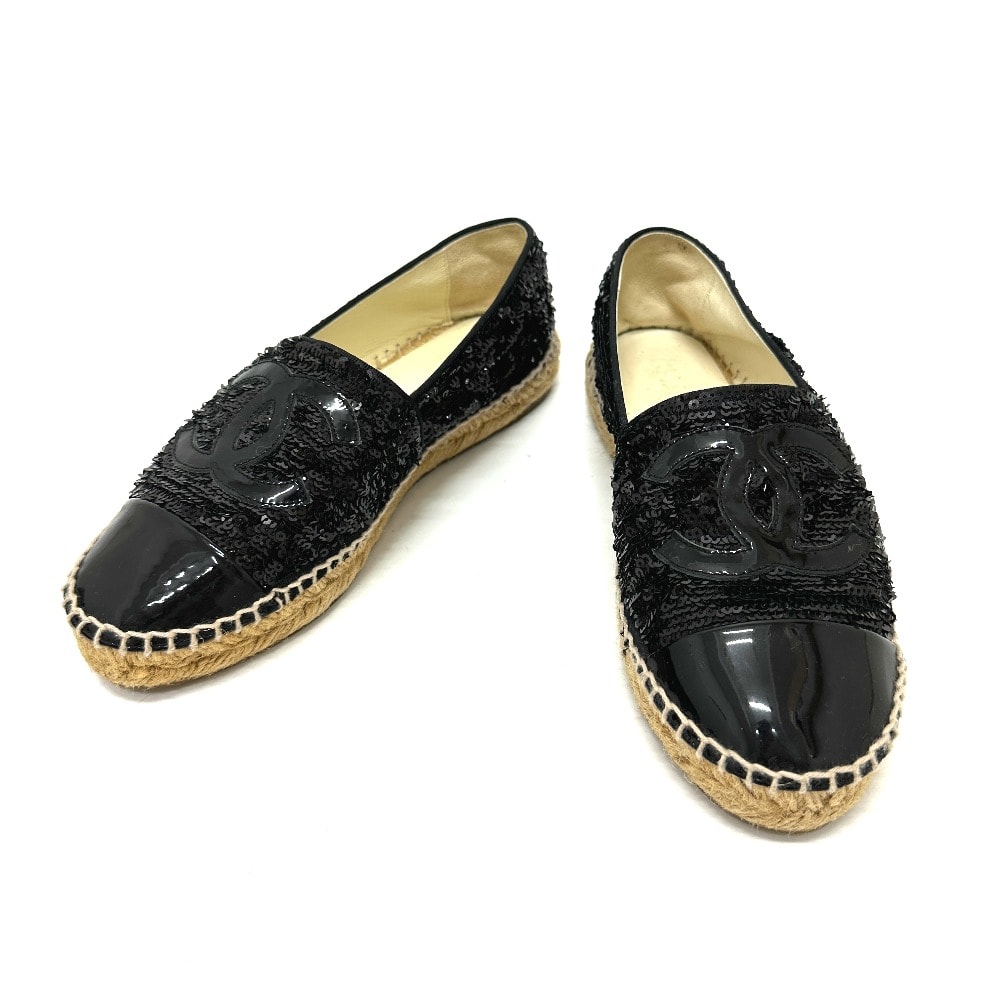 シャネル CHANEL 16C スパンコール G29762 CCココマーク スリッポン フラットシューズ 靴 シューズ エスパドリーユ パテントレザー ブラック