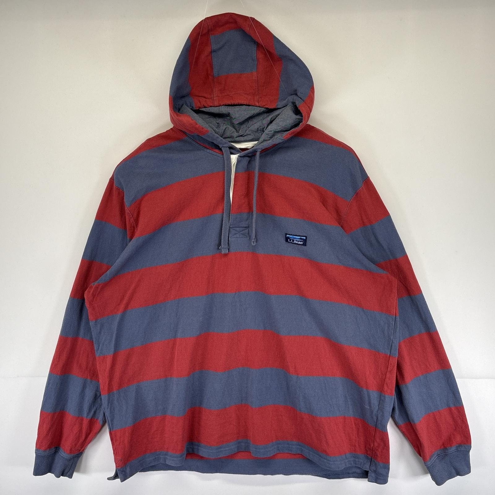 古着 エルエルビーン L.L.Bean ラガーシャツ パーカー フーディ ボーダー ワンポイントロゴ アウトドア 14041  ブルー系 メンズ
