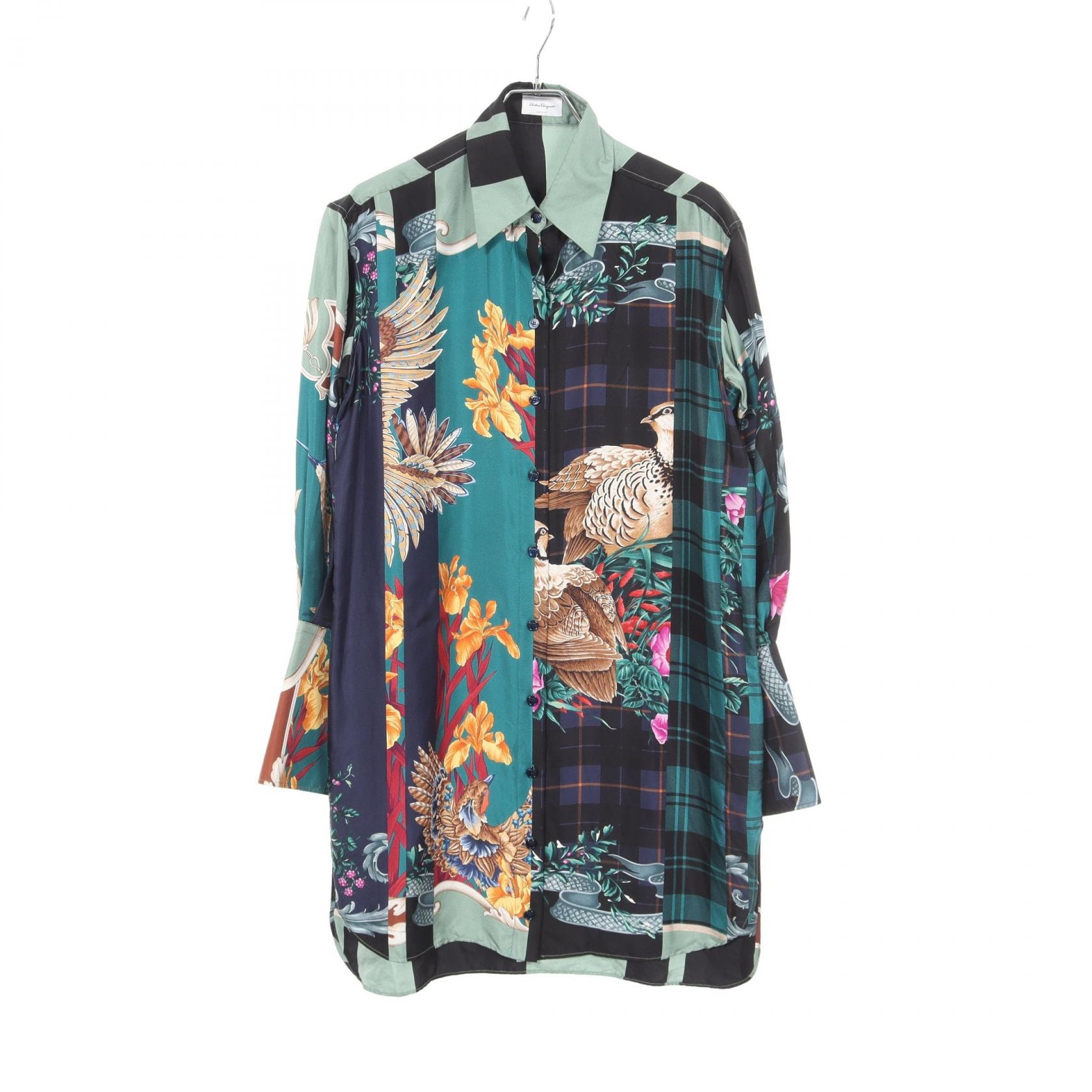 サルヴァトーレフェラガモ Salvatore Ferragamo Shirts Dress Deep Jade パッチワーク ロング 衣料品 トップス シルク レディース グリーン系 / ブラック系 / マルチカラー 【中古】