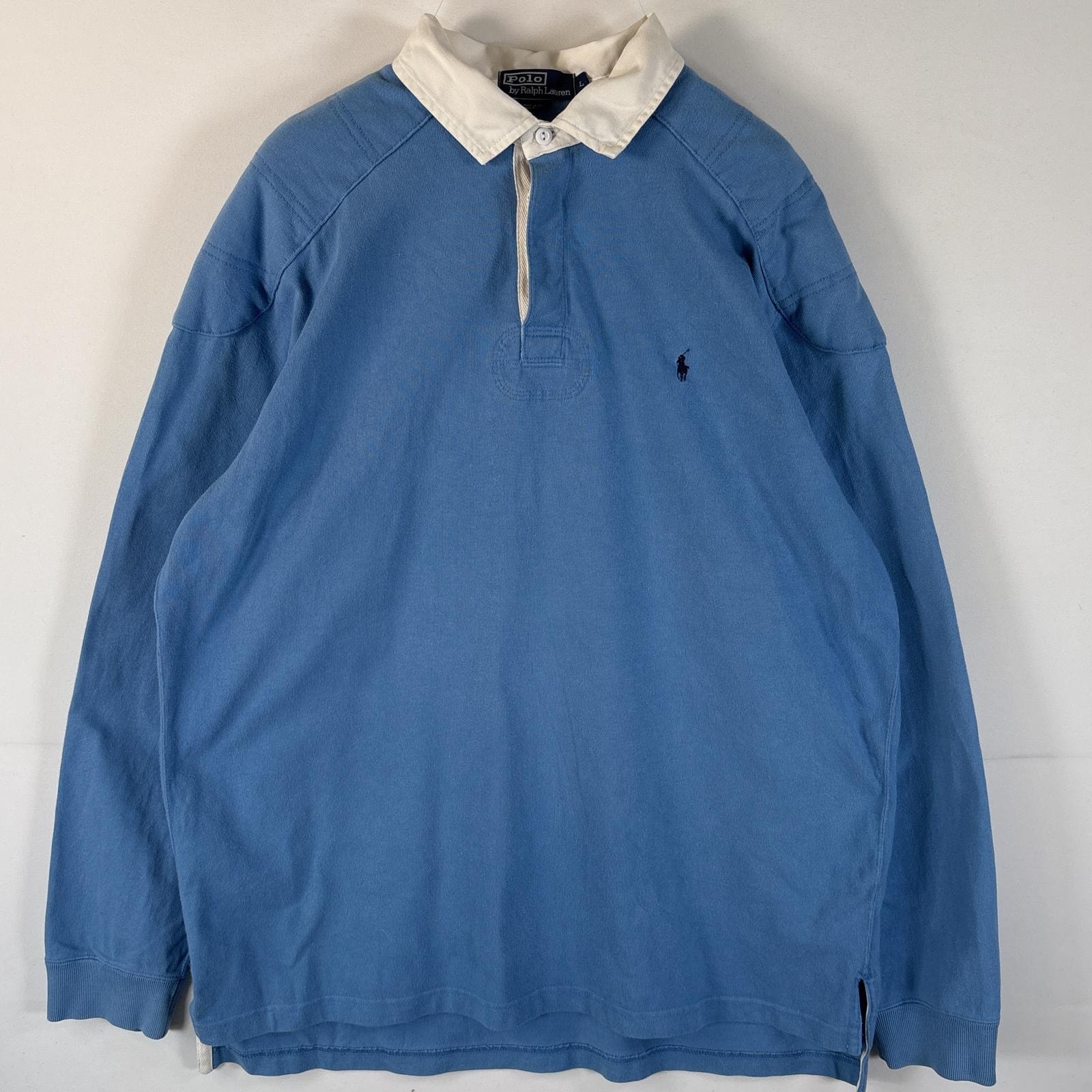 古着 90's/90年代 ポロバイラルフローレン Polo by Ralph Lauren 長袖 ラガーシャツ ワンポイントロゴ刺繍 エルボーパッチ L  水色 メンズ