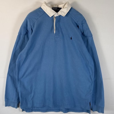 古着 90's/90年代 ポロバイラルフローレン Polo by Ralph Lauren 長袖 ラガーシャツ ワンポイントロゴ刺繍 エルボーパッチ L 水色 メンズ