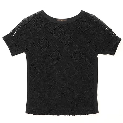 美品 ルイ・ヴィトン LVモノグラム レース デザイン カットソー レディース ブラック 34 LOUIS VUITTON