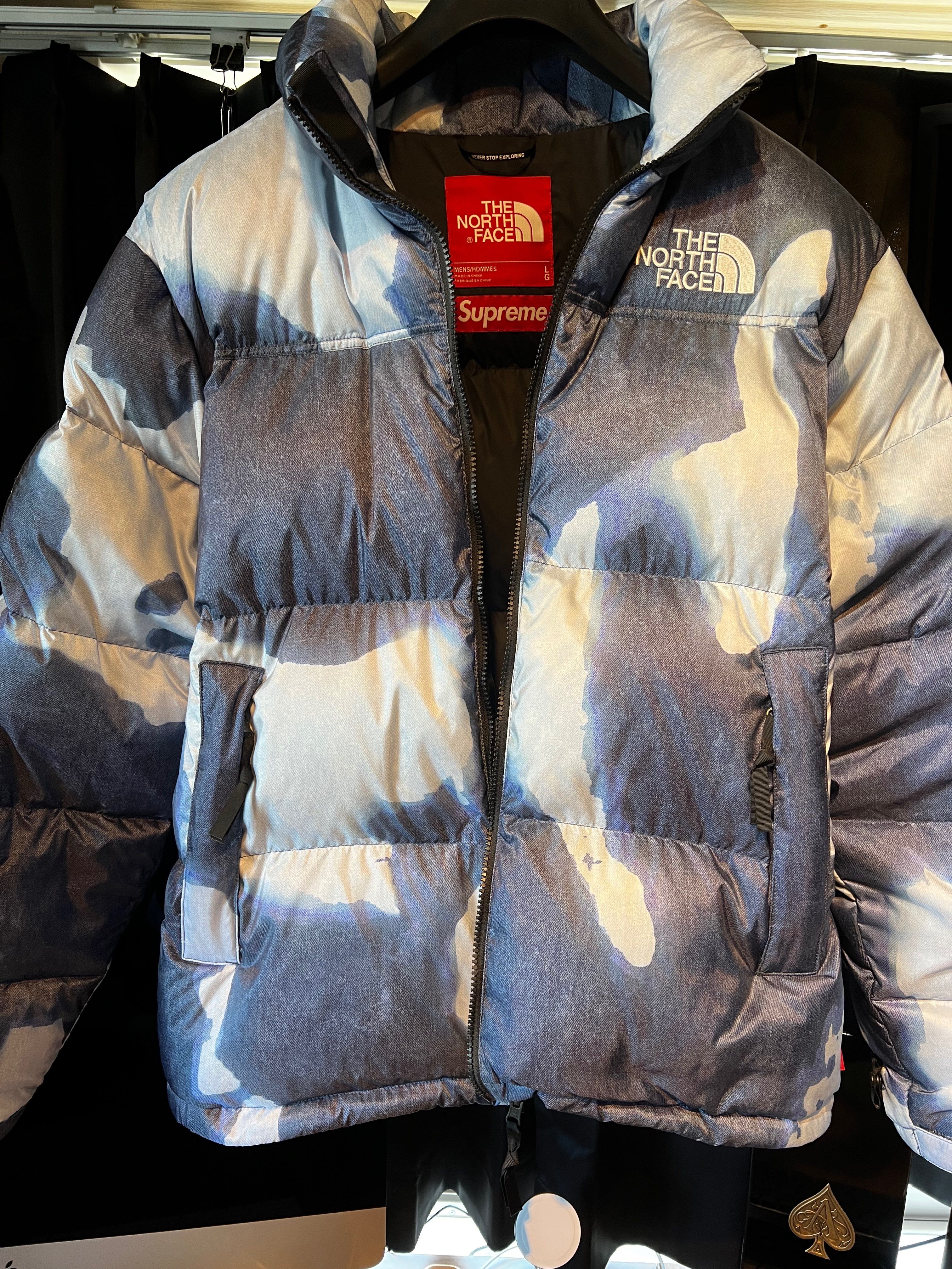 Supreme x The North Face Bleached Denim Print Nuptse Jacket "Indigo"