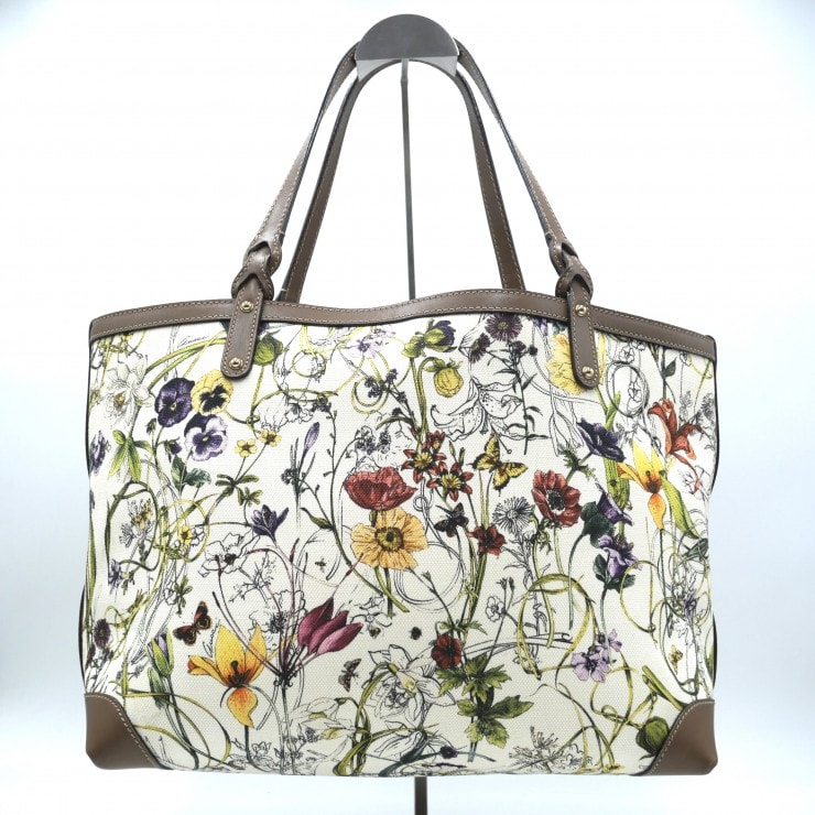 GUCCI(グッチ)フローラ トートバッグ フラワープリント キャンバス レザー アイボリー マルチカラー レディース 551184【中古】