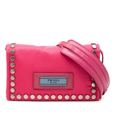 プラダ スタッズ 斜め掛け ショルダーバッグ ピンク ナイロン レザー レディース PRADA 中古