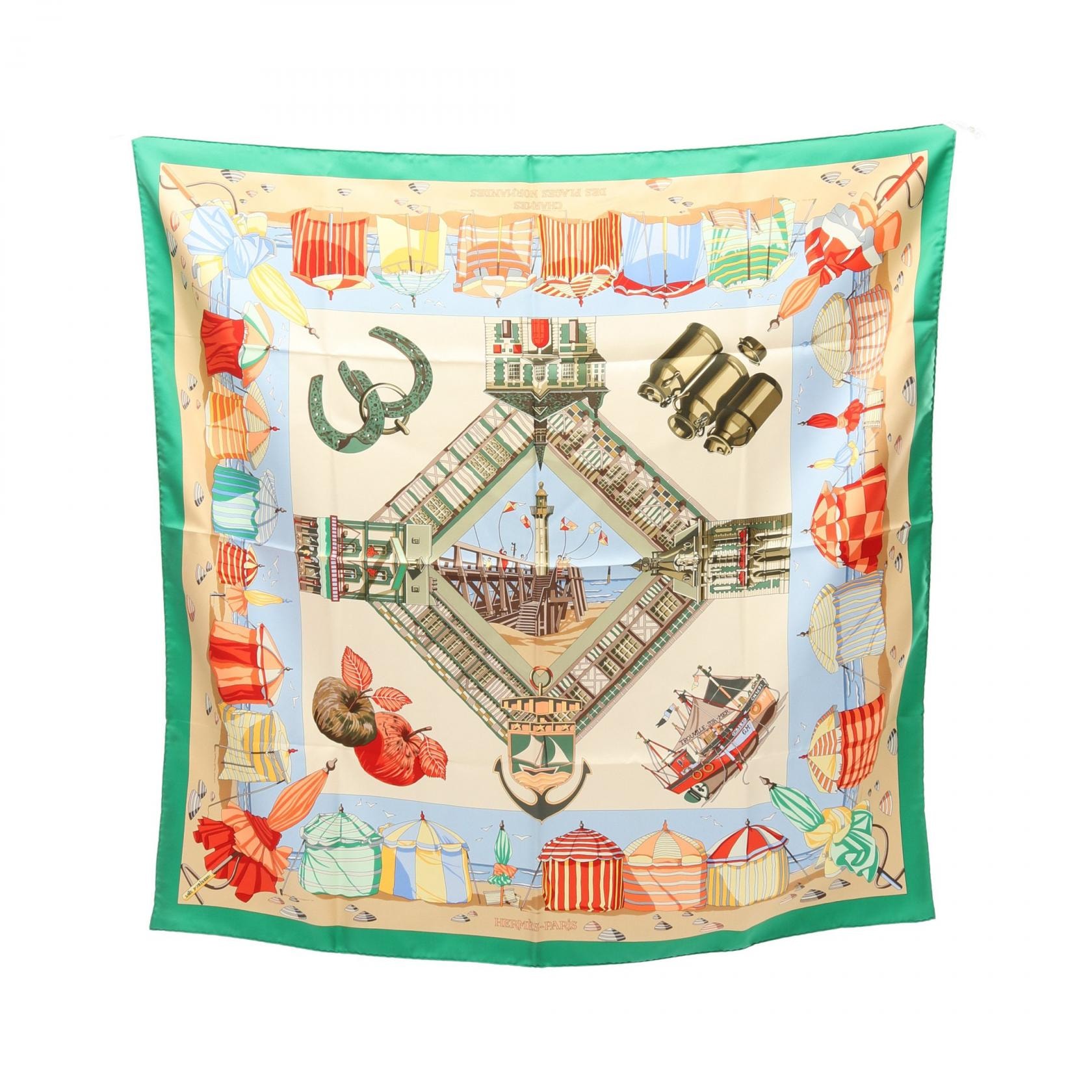 エルメス HERMES カレ90 CHARMES DES PLAGES NORMANDES スカーフ 衣料品 シルク シルク ベージュ レディース ベージュ系 / グリーン系 / マルチカラー 【中古】