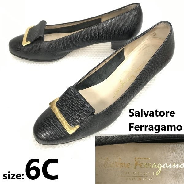 イタリア製★フェラガモ/Salvatore Ferragamo★リザードレザー/パンプス【size:6C/23.0/ 黒/black】pumps/Shoes/high heels◆bQ-586
