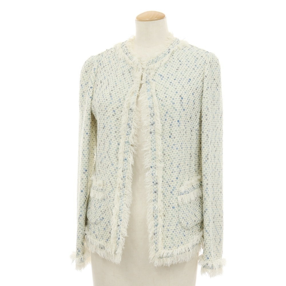 【中古】サルヴァトーレフェラガモ Salvatore Ferragamo ツイード フリンジ ノーカラージャケット オフホワイトxブルー【サイズ40】【レディース】