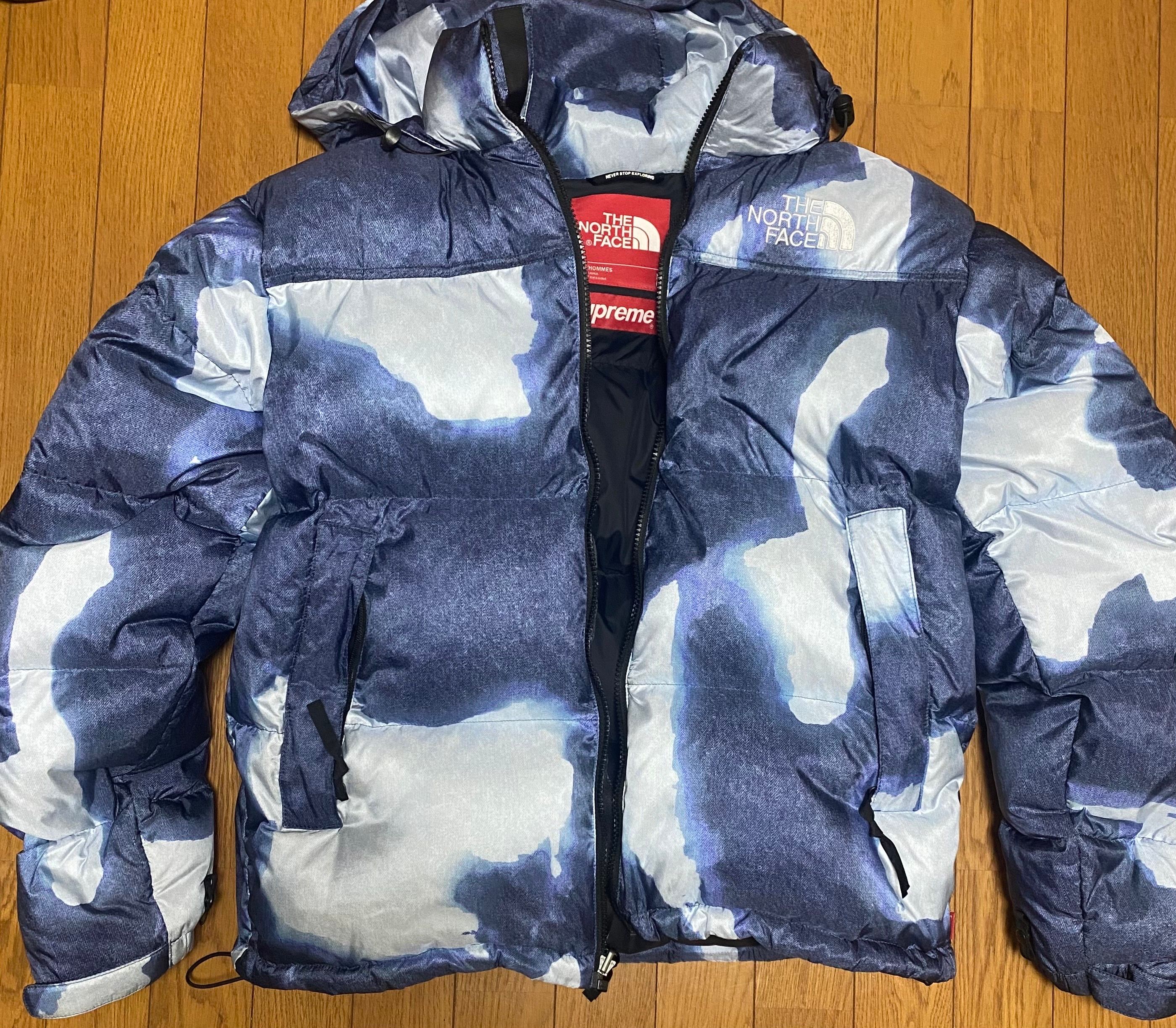 Supreme x The North Face Bleached Denim Print Nuptse Jacket "Indigo"