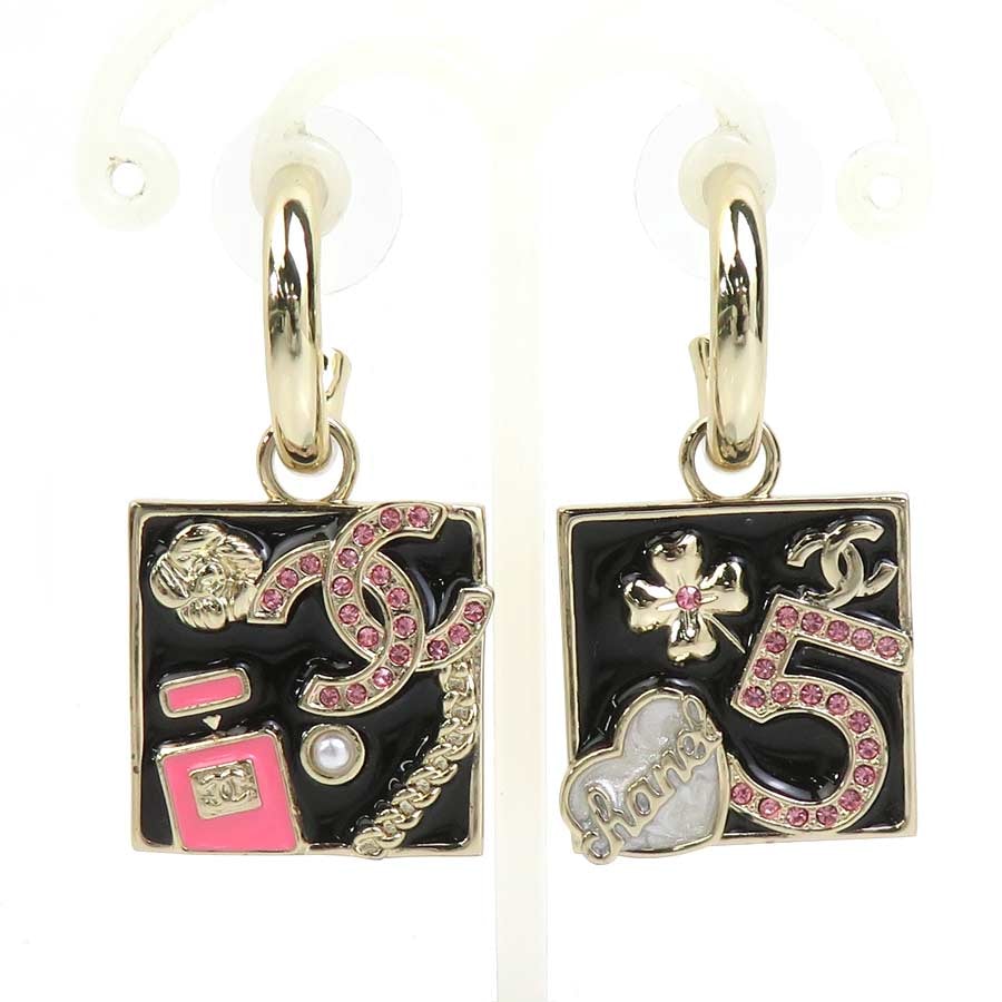 シャネル CHANEL ピアス ココマーク メタル/ラインストーン ライトゴールド/ブラック/ピンク レディース【中古】 e61389i
